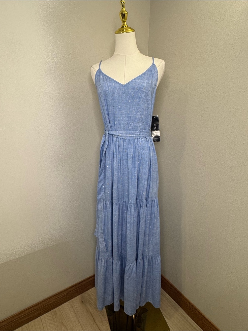 MSK Blue Gold Foil Tiered Maxi Dress Size L NWT Belted V Neck Rayon